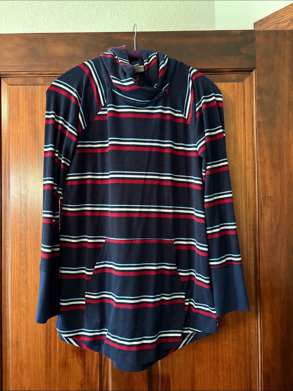 LuLaRoe Navy Striped Cowl Neck Pullover with Red & White Accents